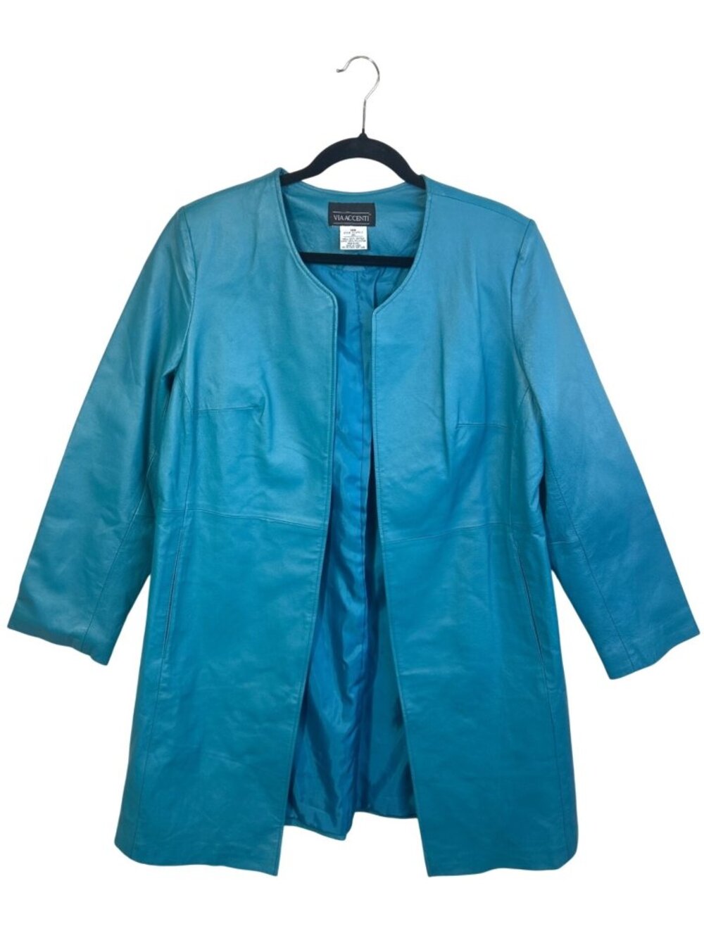 Via Accenti Women's Leather Statement Jacket Long Teal Blue Open Collarless
